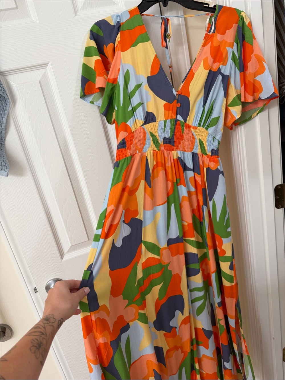 Abstract Floral V-Neck Maxi Dress in Orange, Green & Blue